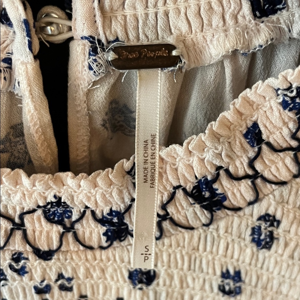 Free People - Cream Long Sleeve Smocked Yoke Tunic Blouse with Navy Floral Dots - Picture 6 of 9